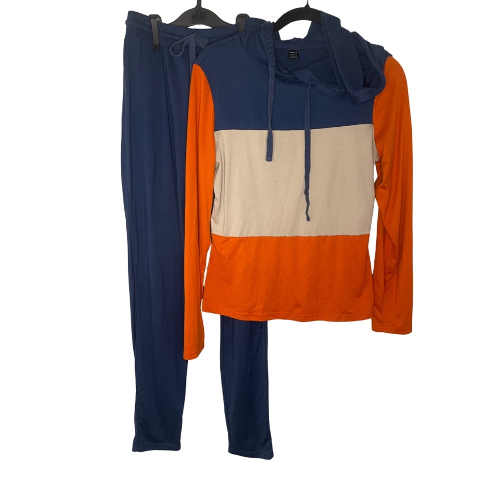 SHEIN Navy Blue Orange and Cream Colorblock Hoodie Jogger Set